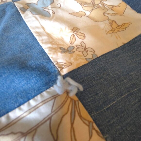 Vtg 70s Denim Blue Jeans Patchwork Crazy Quilt Pockets Labels Butterfly F/Queen - Picture 13 of 16